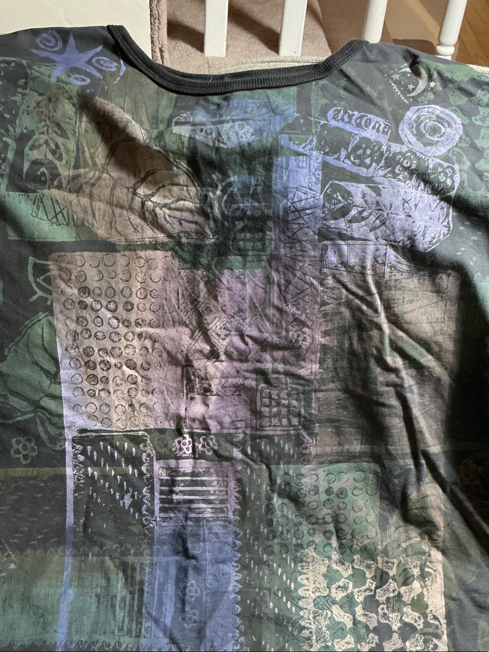 Blue Fish Black Graphic Patchwork Top with Green and Purple blue pink Print - Picture 3 of 5